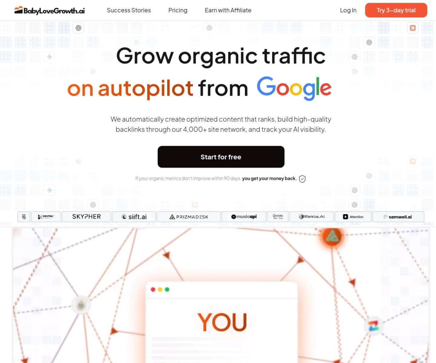 Screenshot of the BabyLoveGrowth.ai homepage, promising to grow organic traffic on autopilot from Google