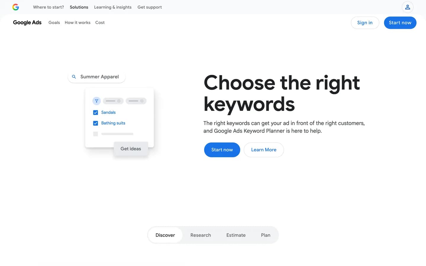 Google Keyword Planner homepage