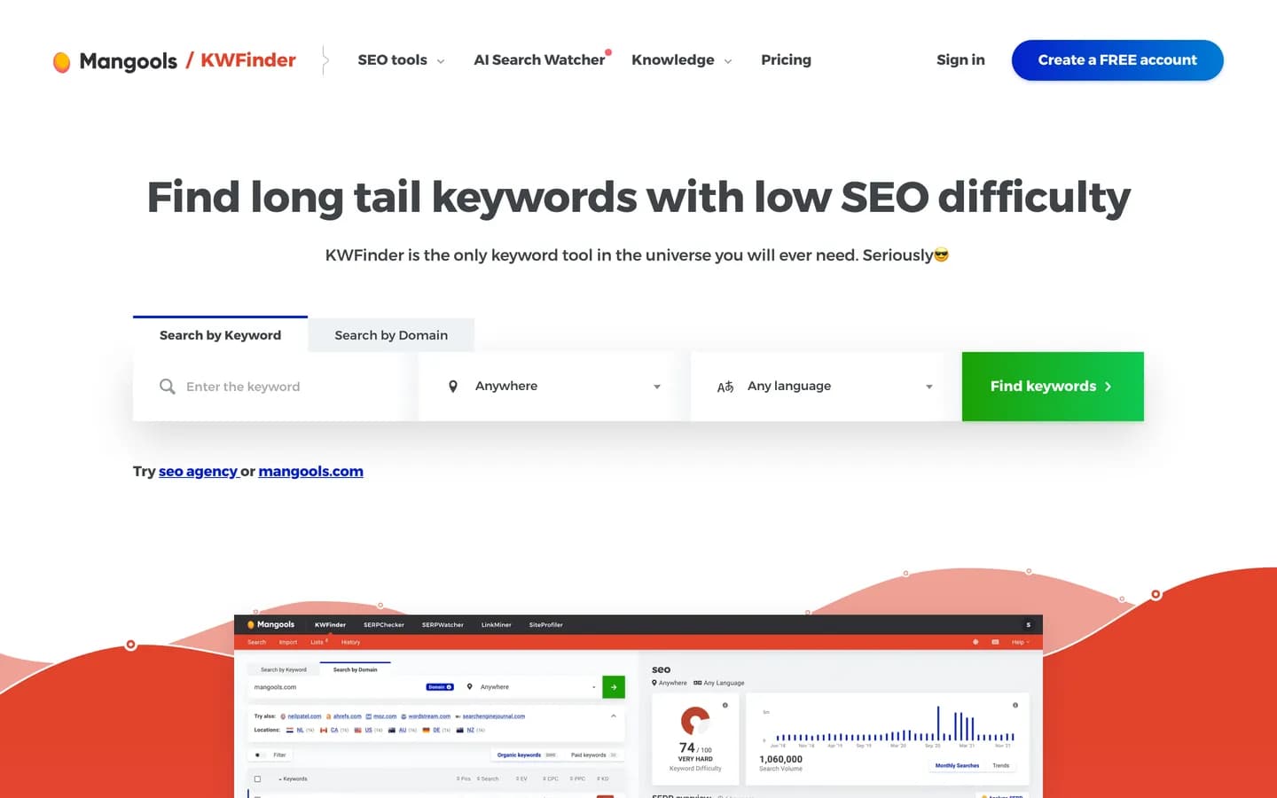 Screenshot of the KWFinder interface by Mangools