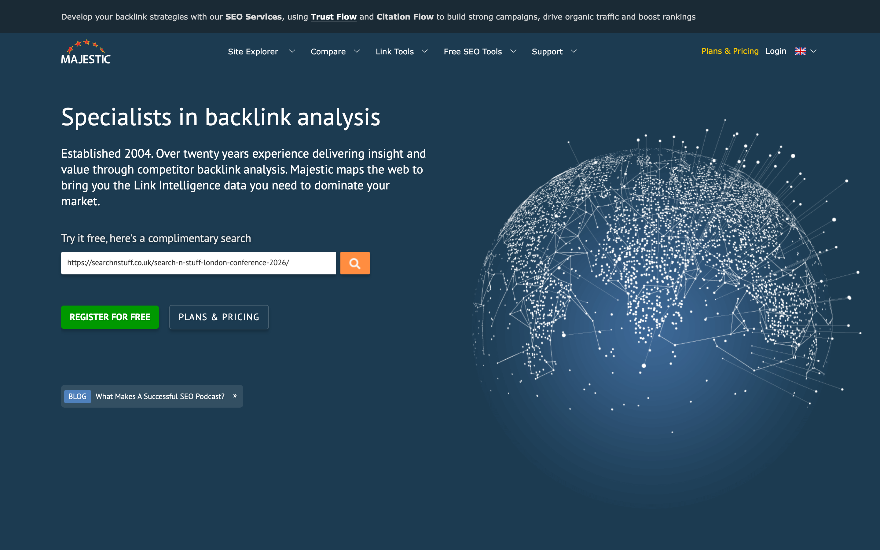 Screenshot of the Majestic homepage